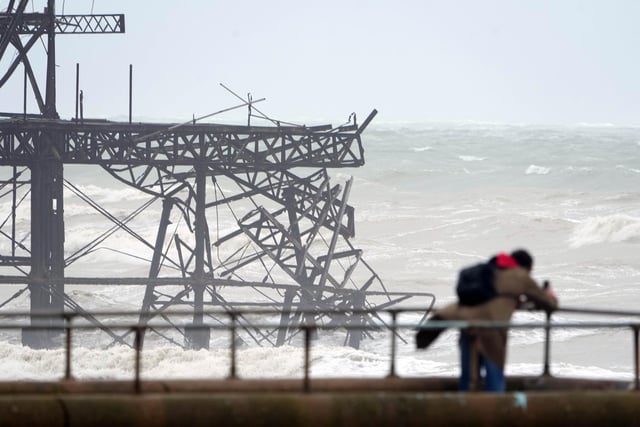 Brighton (pictured), Chichester, Worthing, Hastings, Eastbourne and Shoreham and other places across the county have all been affected by the heavy rain and winds brought by Storm Claudio.
