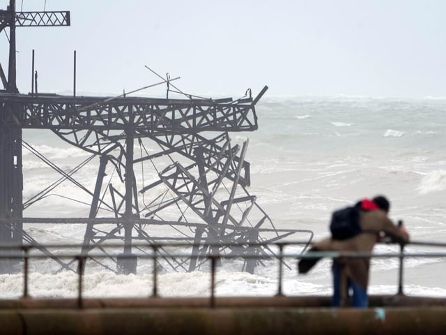 Brighton (pictured), Chichester, Worthing, Hastings, Eastbourne and Shoreham and other places across the county have all been affected by the heavy rain and winds brought by Storm Claudio.
