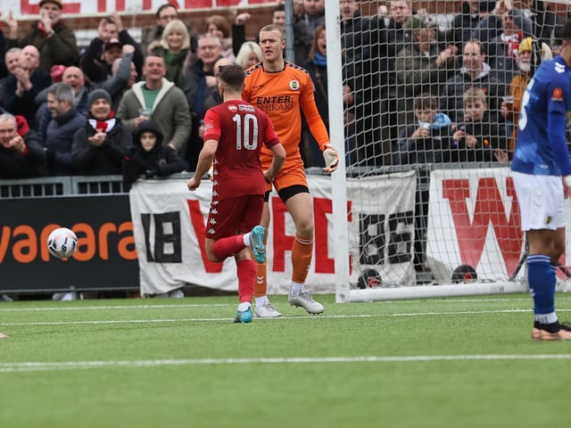 Action from Worthing and St Albans' nine-goal thriller in the National League South at Woodside Road