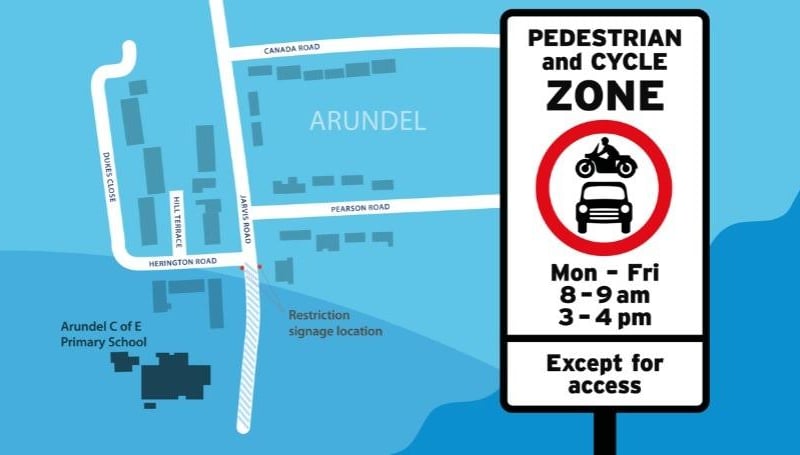 At Arundel Primary School, in Jarvis Road, motor vehicles are prohibited between 8am to 9am and 3pm to 4pm