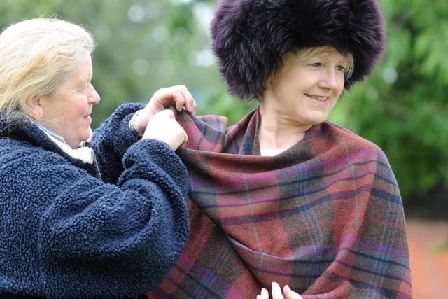 Kate Steed wraps Sally Banting in one of her lambswool wraps and hat