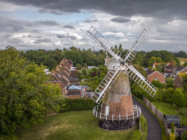 The windmill at Polegate, on the edge of the South Downs, is a four-storey, brick tower windmill dating to 1817. It was built for milling oats and was operated by wind power until 1942.