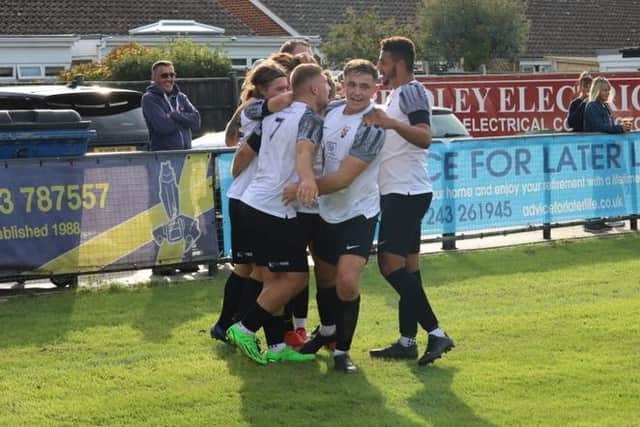 Pagham celebrate one of the goals that defeated Eastbourne United | Picture: Roger Smith