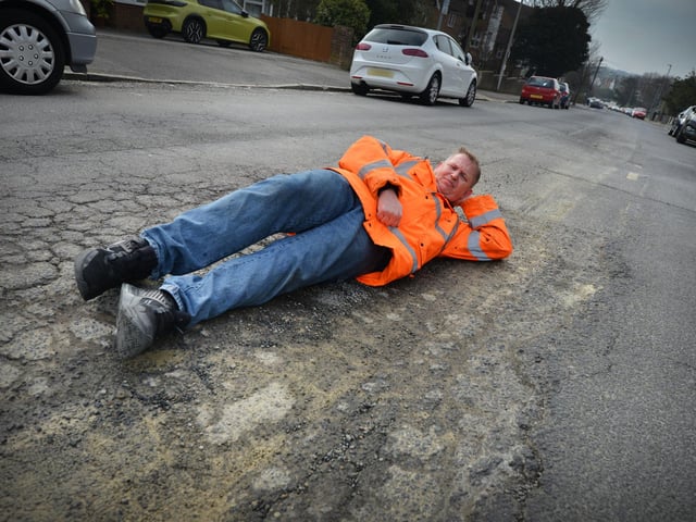 The well known three dips in the road at the top of Buckhurst Road, Bexhill, just before the junction of Upper Sea Road.
Councillor Andrew Crotty is pictured.