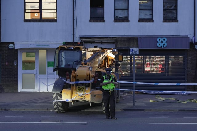 Response units came across a ‘crane attempting to steal an ATM from a supermarket’ in Barnham Road, with one man taken into police custody