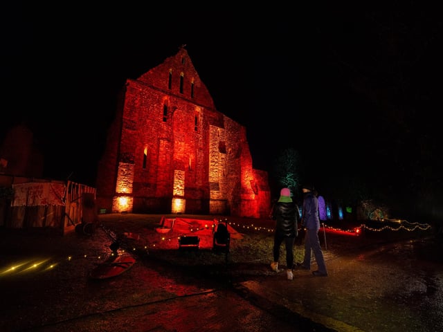 Illuminated Battle Abbey on December 7 2023. Photo by Jim Holden and supplied by English Heritage.