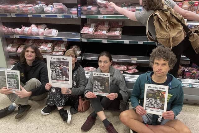 On Good Friday (April 7), four local supporters of Animal Rebellion ‘peacefully occupied’ the meat aisle at Morrison’s on St. James’ Street in Brighton at 12pm, for around an hour.