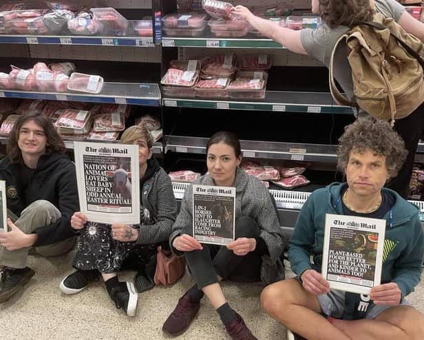 On Good Friday (April 7), four local supporters of Animal Rebellion ‘peacefully occupied’ the meat aisle at Morrison’s on St. James’ Street in Brighton at 12pm, for around an hour.