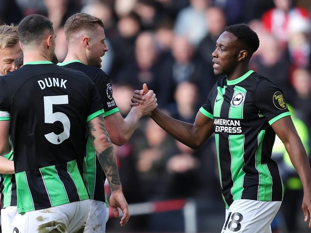 Danny Welbeck of Brighton & Hove Albion celebrates scoring his team's second goal during the Premier League match between Sheffield United and Brighton & Hove Albion at Bramall Lane on February 18, 2024 in Sheffield, England. (Photo by Matt McNulty/Getty Images)