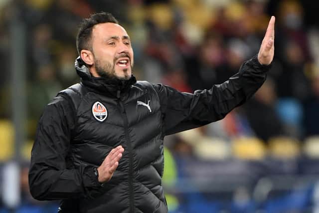 Roberto De Zerbi was announced as the new head coach of Ukrainian Premier League club Shakhtar Donetsk on May 25, 2021. The Italian won the Ukrainian Super Cup in 2021, but left Shakhtar in July 2022 as a result of the Russian invasion of Ukraine. Picture by SERGEI SUPINSKY/AFP via Getty Images