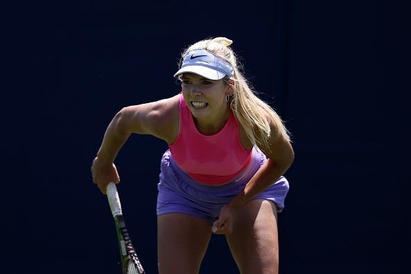 Katie Boulter of Great Britain runs through a practice session on an outside court during Day Two