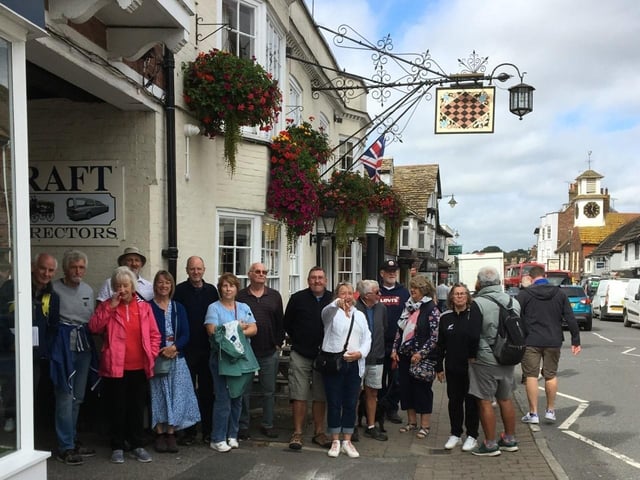 Pubs & Breweries of Steyning Walk, led by local historian Dr Janet Pennington, ready for the off outside Chequer Inn