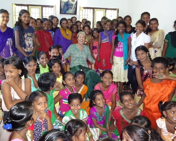 Sylvia Holder in India with children from the Venkat Trust