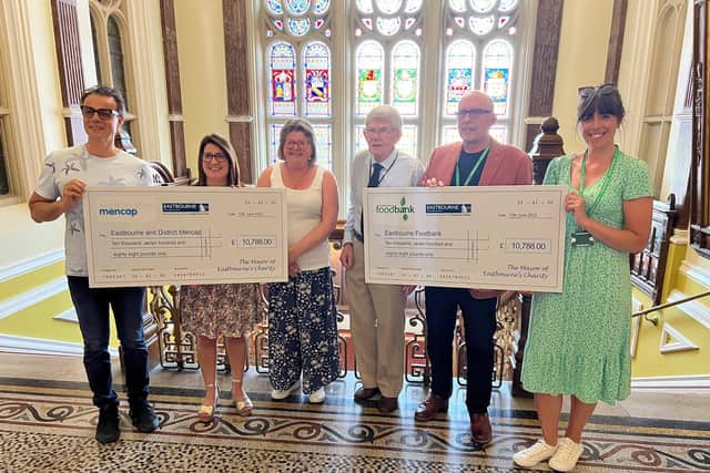 Former Mayor, Councillor Rodohan, (fourth from left) and the Mayor, Councillor Candy Vaughan (third from left) with representatives of Eastbourne Mencap and Eastbourne Foodbank. Picture contributed