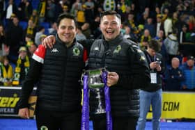 Horsham boss Dominic Di Paola with coach Jimmy Punter and the Sussex Transport Senior Cup | Natalie Mayhew/ButterflyFootball