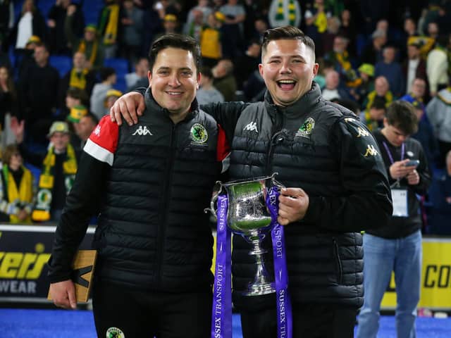 Horsham boss Dominic Di Paola with coach Jimmy Punter and the Sussex Transport Senior Cup | Natalie Mayhew/ButterflyFootball