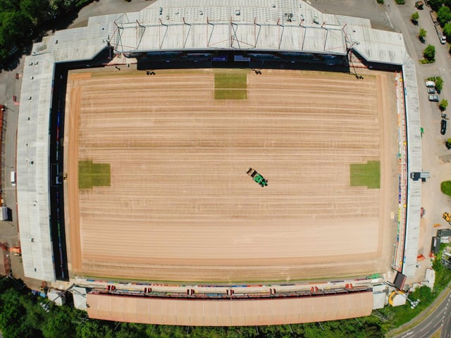 Crawley Town Football Club have had their pitch removed ready for summer renovations. Grant Mansfield took these wonderful pictures from above to show what it currently look inside the Broadfield Stadium.