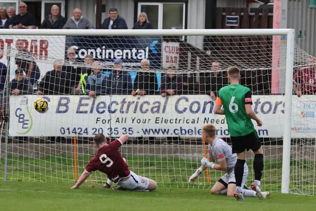 Ben Pope scores his second in Hastings' win over Burgess Hill | Picture: Scott White