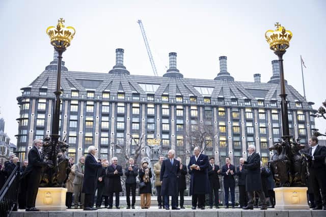 King Charles unveils two unique bronze sculptures  created by a Horsham company and commissioned by the Houses of Parliament to mark the late Queen's Platinum Jubilee. Photo: UK Parliament/Roger Harris