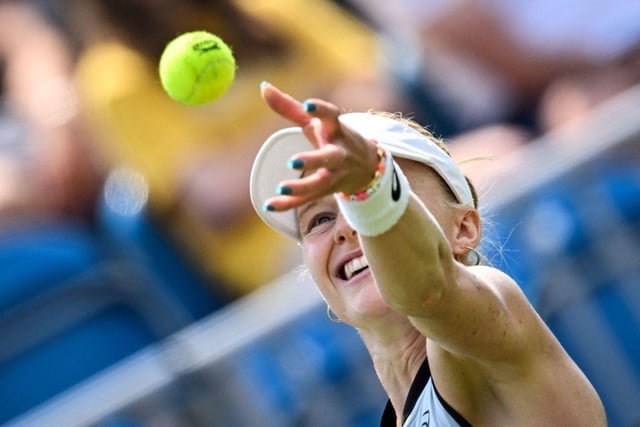 Britain's Harriet Dart serves the ball to China's Zhang Shuai during their women's singles round of 32 tennis match at the Rothesay Eastbourne International tennis tournament in Eastbourne, southern England, on June 26, 2023. (Photo by Glyn KIRK / AFP) (Photo by GLYN KIRK/AFP via Getty Images):Action from Monday's play at the Rothesay tennis international at Devonshire Park, Eastbourne