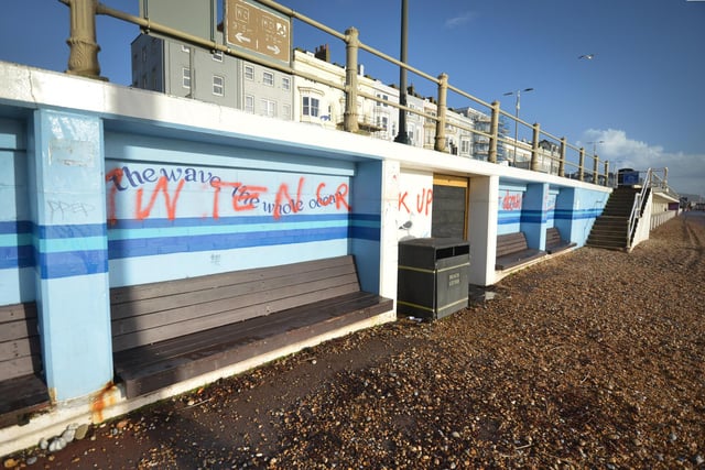 Graffiti written over St Leonards' promenade artwork. 3/1/2024