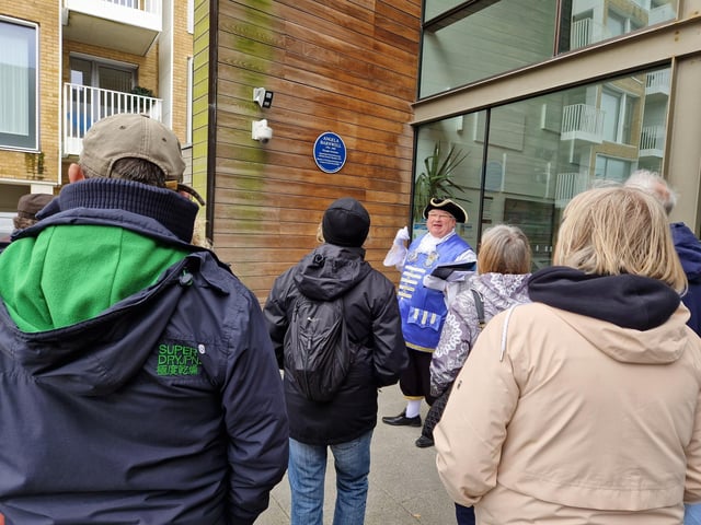 Worthing town crier Bob Smytherman launched his new walk on Tuesday, April 2, followed by afternoon tea at Worthing Town Hall to raise money for the mayor's charities, Broadwater Support Group and Community Hub, CYCALL inclusive cycling and the Parkinson's UK Worthing and Washington Group. Using information provided by The Worthing Society, Bob led a group of around 20 people on a three-hour walk around the town centre and seafront, giving many stories of the area's history en route.