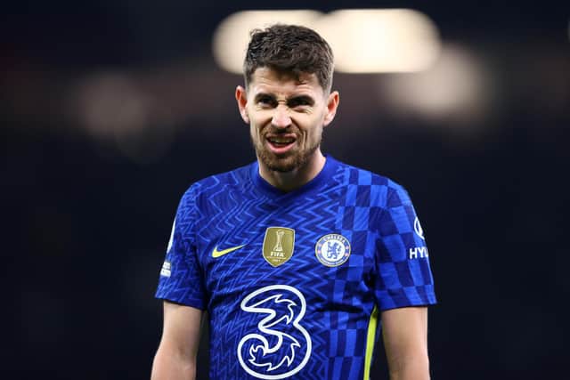 Jorginho of Chelsea during the Premier League match between Manchester United and Chelsea at Old Trafford on April 28, 2022
