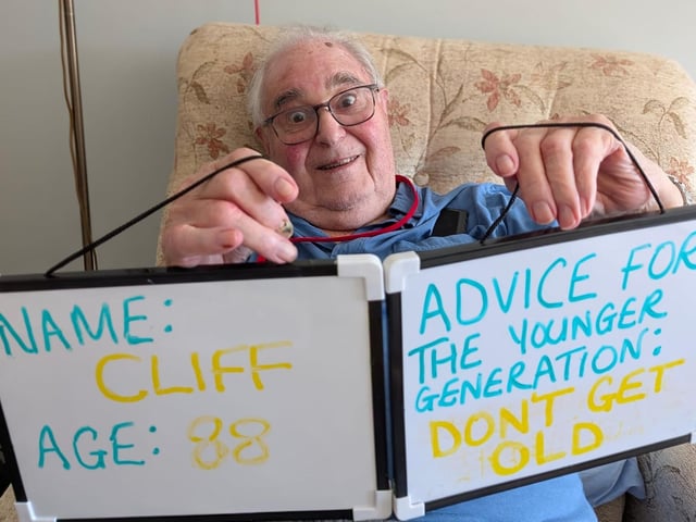 With eyes wide and a broad smile, 88-year-old Cliff says 'Don't get old!'