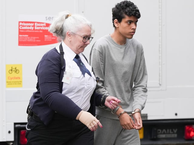 A Sussex teenager accused of murdering his father and attempting to kill a woman and a boy has been pictured arriving at court in handcuffs.