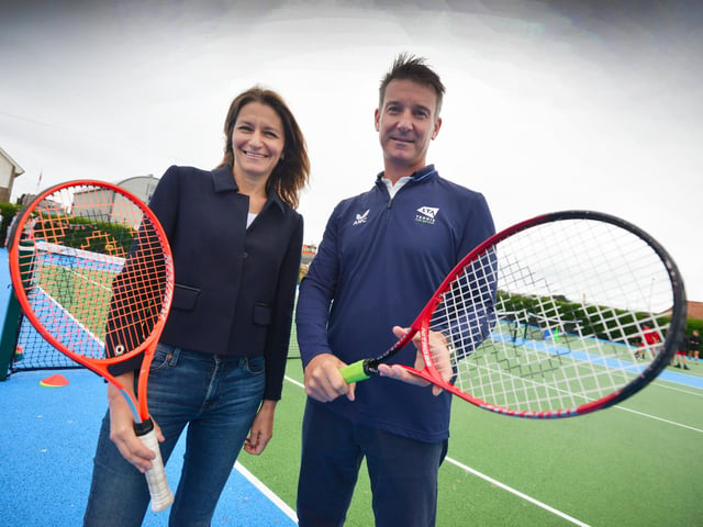 Culture Secretary Lucy Frazer marks the refurbishment of 1,000 public tennis courts. Photocall on June 29 at the tennis courts on Royal Parade, Eastbourne. Lucy Frazer is pictured with Scott Lloyd, Lawn Tennis Association CEO.