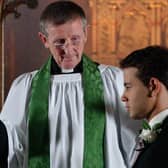 Jim Whelan (middle) on the set of Coronation Street with Tina O'Brien who plays Sarah Platt and Ryan Thomas who played Jason Grimshaw during their 2007 wedding service. Picture from Jim Whelan