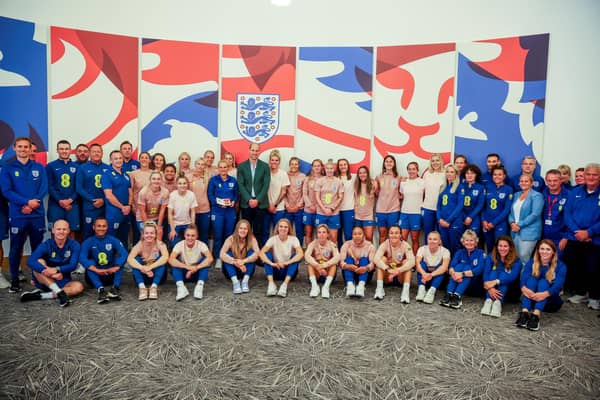 Prince William, Prince of Wales and President of The Football Association, poses with the England team during a visit to England Women's team to wish them luck ahead of the 2023 FIFA Women's World Cup (Photo by Phil Noble - WPA Pool/Getty Images)