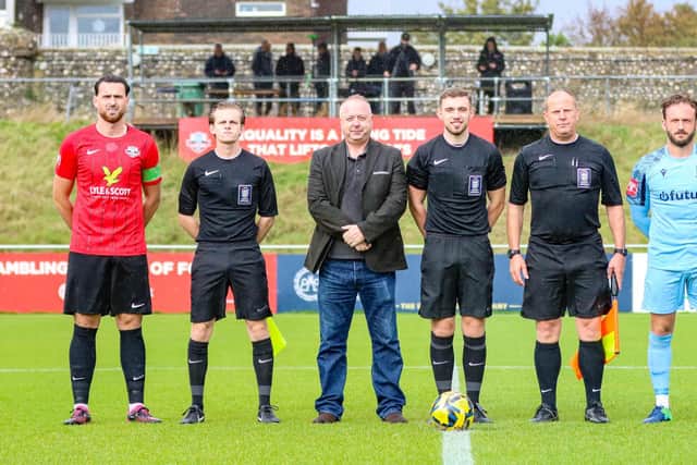 Stuart Fuller with the officials and captains before Lewes beat Enfield | Picture: James Boyes
