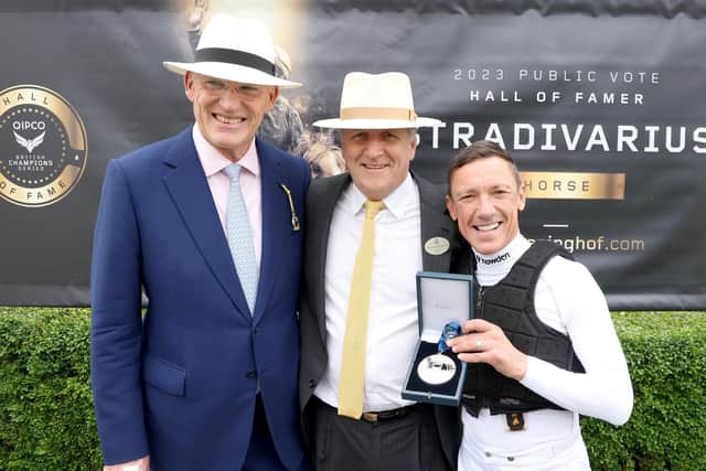 Owner-breeder Bjorn Nielsen with trainer John Gosden and jockey Frankie Dettori after the presentation for the induction of Stradivarius into the QIPCO British Champions Series Hall of Fame at Glorious Goodwood | Picture courtesy of QIPCO British Champions Series