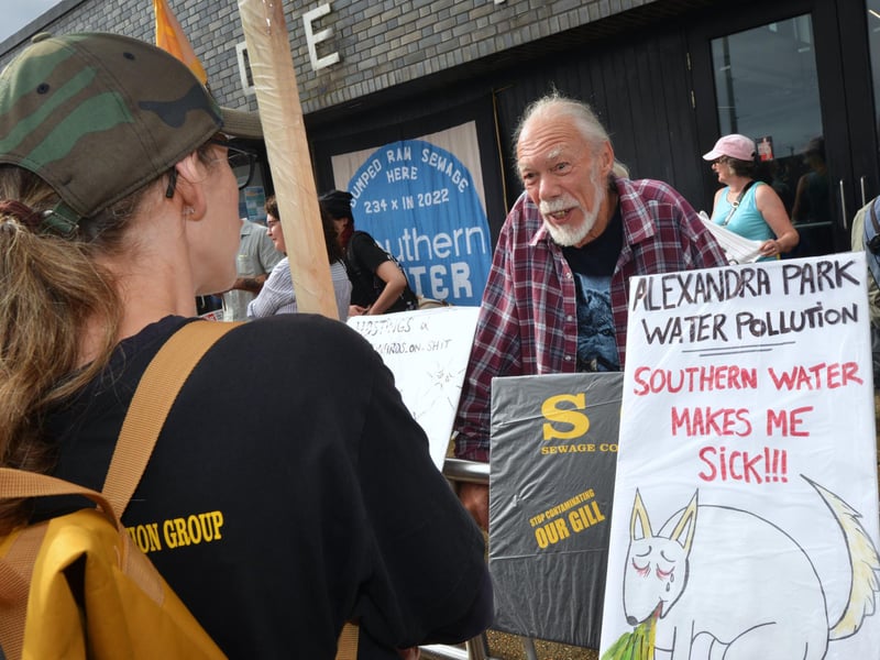 Protest outside Southern Water's Your Water Matters event in Hastings Old Town on October 12 2023.