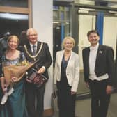 Haywards Heath town mayor Howard Mundin and consort at the Centenary Opera Gala Concert with Charne Rochford (tenor soloist), Zita
Syme (soprano soloist) and Stephen Anthony Brown (director of music)