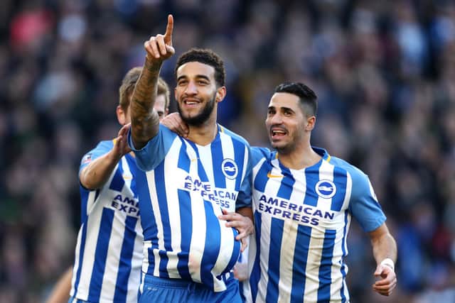 Connor Goldson of Brighton and Hove Albion celebrates scoring his side's second goal with Beram Kayal during the The Emirates FA Cup Fifth Round between Brighton and Hove Albion v Coventry City at Amex Stadium on February 17, 2018 in Brighton, England.  (Photo by Catherine Ivill/Getty Images)