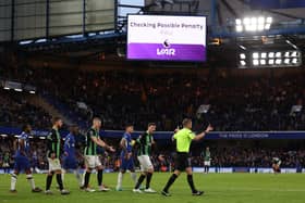 Brighton thought they had a penalty late on against Chelsea at Stamford Bridge but VAR intervened. (Photo by ADRIAN DENNIS/AFP via Getty Images)