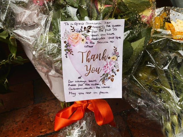 Floral tributes at the Town Hall to the Queen (Photo by Jon Rigby)