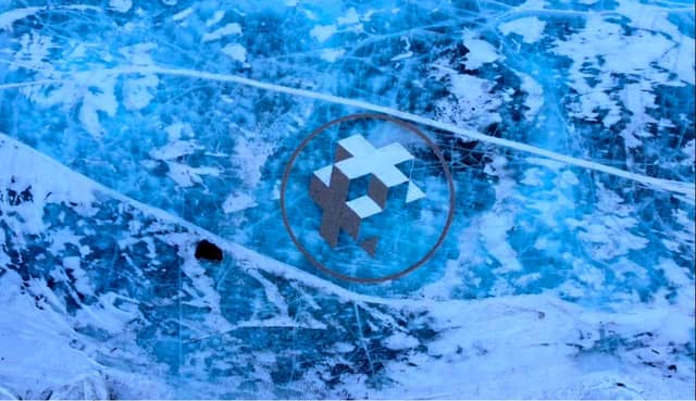 Geometric form on Khusvgol Lake made from fine gravel and snow 6m diameter