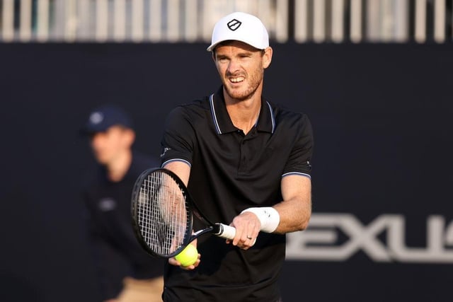 EASTBOURNE, ENGLAND - JUNE 26: Jamie Murray of Great Britain serves with their partner Michael Venus of New Zealand (not pictured) against Mate Pavic and Nikola Mektic of Croatia in the Men's Doubles First Round match during Day Three of the Rothesay International Eastbourne at Devonshire Park on June 26, 2023 in Eastbourne, England. (Photo by Charlie Crowhurst/Getty Images for LTA):Action from Monday's play at the Rothesay tennis international at Devonshire Park, Eastbourne