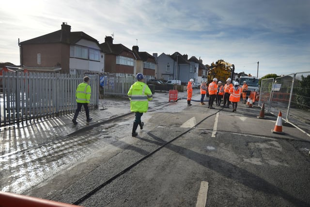 A major sewage leak closed off Bulverhythe Road in St Leonards on February 3 2023.