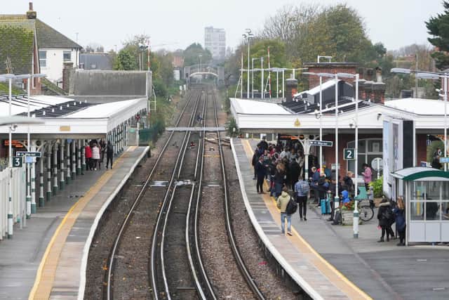 STORM CLAUDIO WORTHING STATION NO TRAINS - SPECIALIST CLEANING TRAIN AFTER TRAMPOLINE ON THE LINE 