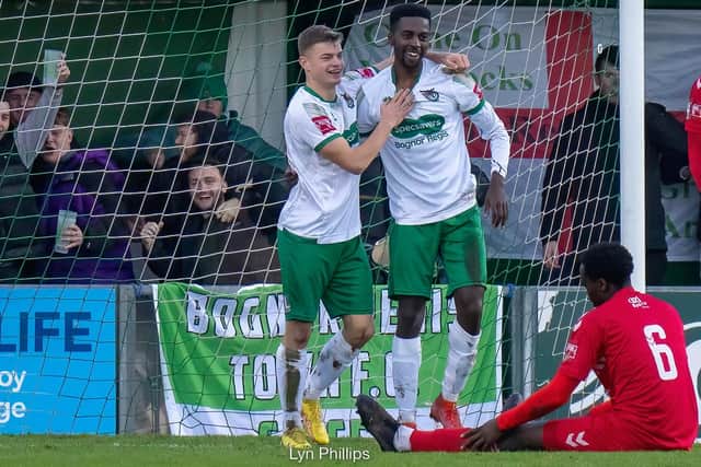 Nathan Odokonyero is congratulated on his goal for the Rocks v Aveley | Picture: Lyn Phillips