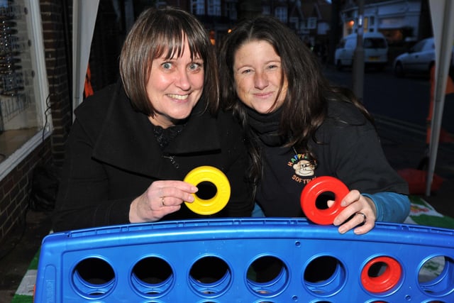 Meads Street Interiors Judy Fowler (L) and Jaki Tompkins (R) of Happy Jacks Soft Play on the giant Connect Four. December, 2012.
