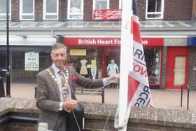 Mayor Cllr Holbrook with Armed Forces Day flag (2022)