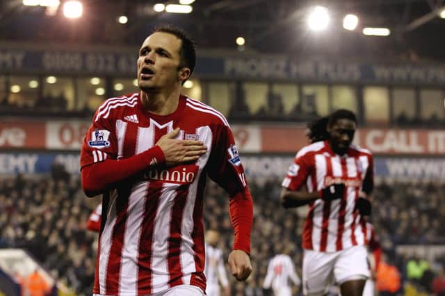 Matthew Etherington celebrates after scoring Stoke's first goal from the penalty spot  against West Bromwich Albion in the Premier League.  (Photo by Scott Heavey/Getty Images)