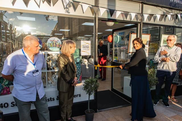The Mayor of Worthing, Henna Chowdhury, cut a gold ribbon to officially re-launch Montague Gallery