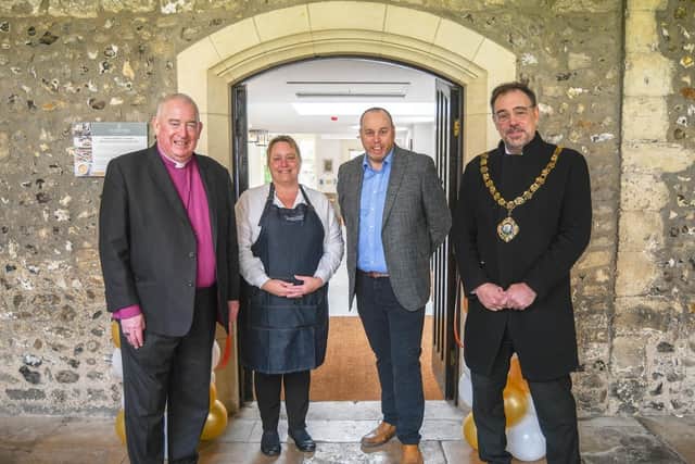 The Acting Dean of Chichester, Bishop Graeme Knowles, General Manager Lorraine Sneller, Managing Partner of Seasoned Graham Turner and the Mayor of Chichester, Cllr Julian Joy (Daniel Boss, 2023)