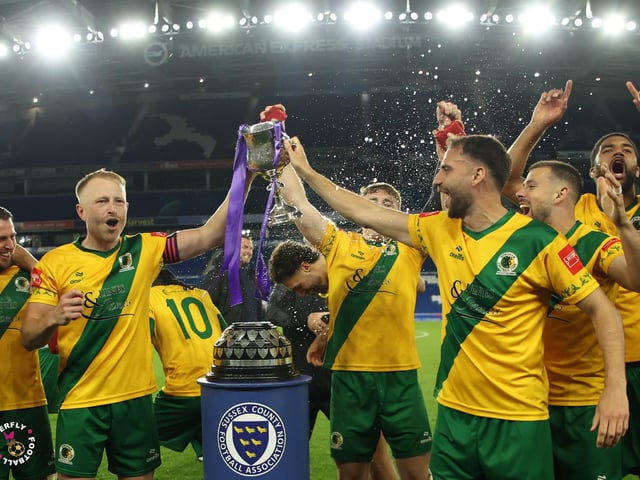 James Hammond’s majestic 95th minute free-kick clinched Horsham FC’s first league and Sussex Senior Cup double in the club’s history.